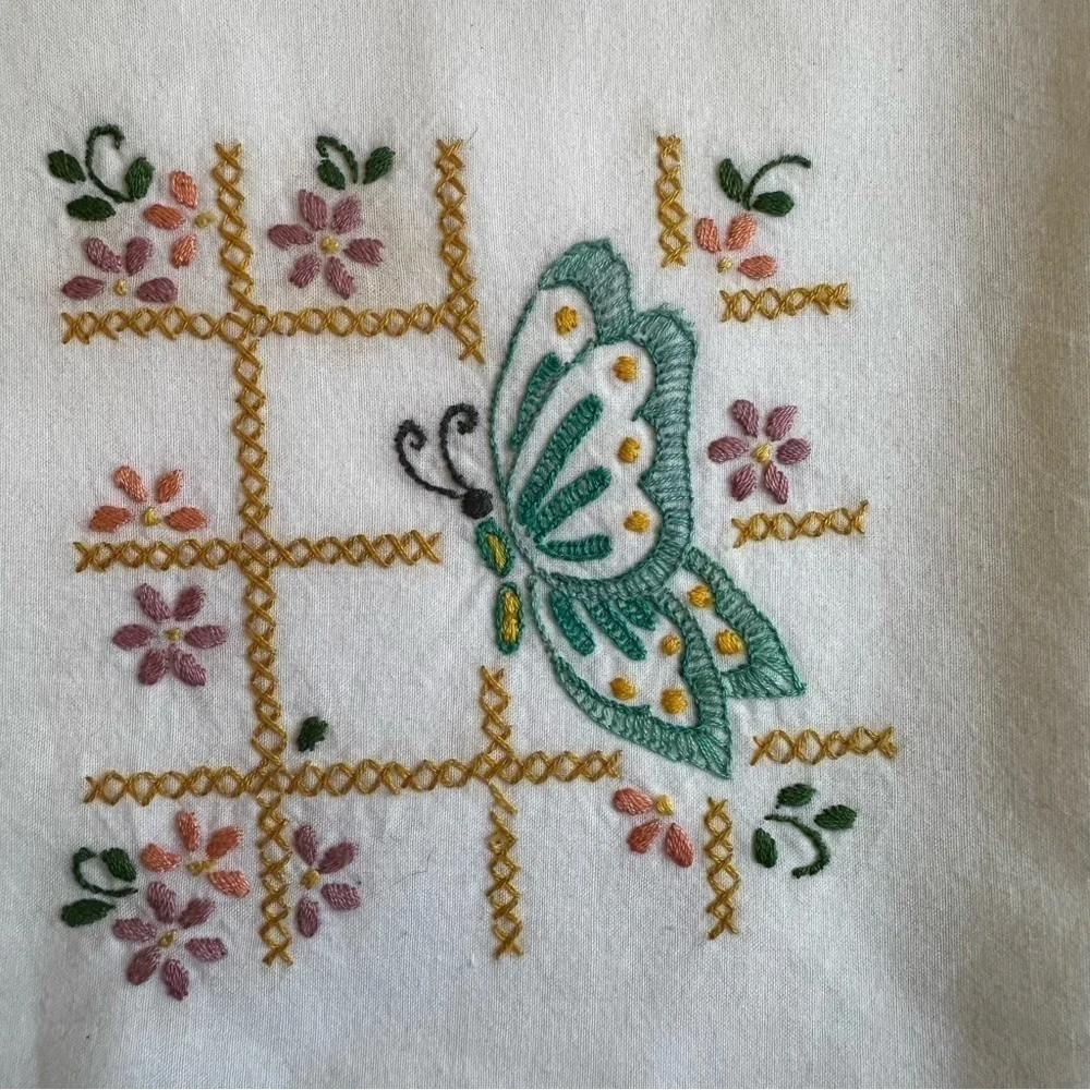 Hand Embroidered Flour Sack Tea Dish Towel Butterfly Floral Cottagecore